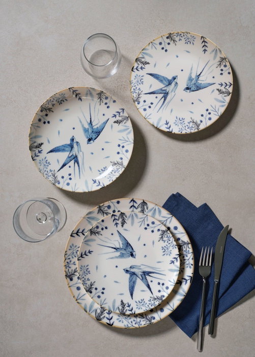 Hermia Juego de Vajilla de Porcelana de 24 Piezas Blanco, Azul y Negro
